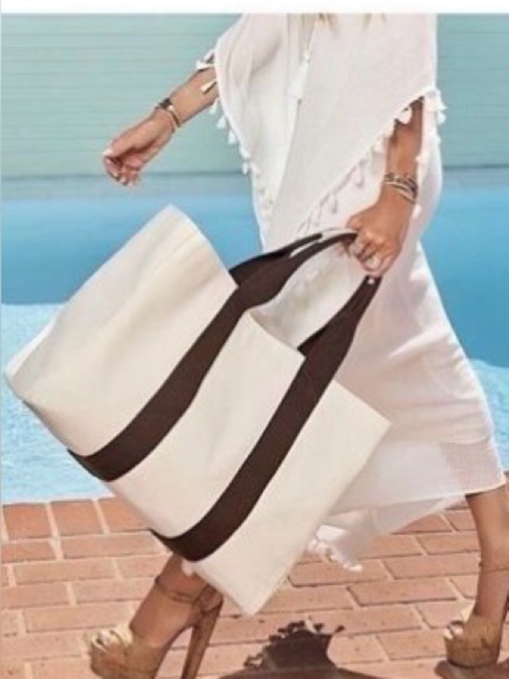 Le Bar Marche La Plage Tote cream colored featuring dark brown handles